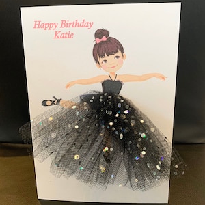 A5 personalised ballerina birthday card good luck card thank you card congratulations tulle tutu skirt black glitter 3d skirt