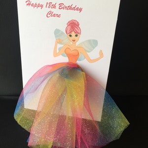Carte d'anniversaire fée personnalisée A5 faite main, jupe tutu arc-en-ciel, jupe en tulle mignonne pour toutes les occasions