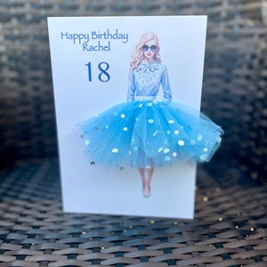A5 A4 fait main personnalisé vintage 3D fille en robe carte d'anniversaire toute occasion carte tutu jupe tulle paillettes jolie jupe bleue