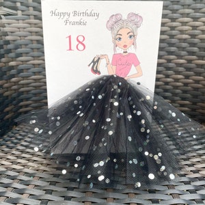 A5 A4 grande carte d'anniversaire personnalisée fille en robe tutu jupe 3D jolie carte unique toute occasion carte cheveux roses