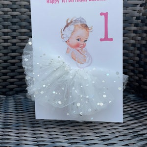 Carte de premier anniversaire 3D personnalisée A5 pour bébé fille tout âge 1er 2e carte jolie carte tutu jupe carte tulle ivoire princesse unique