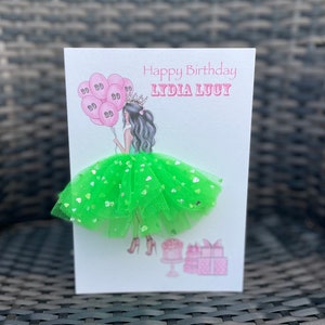 A5 A4 large handmade personalised 3d girl in dress birthday card any occasion card  tutu skirt tulle glitter cute green skirt