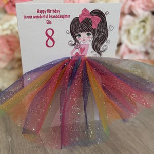 A5 A4 handmade personalised 3D girl in a dress birthday card any occasion card rainbow tutu skirt tulle brown hair pony tail cute high pony
