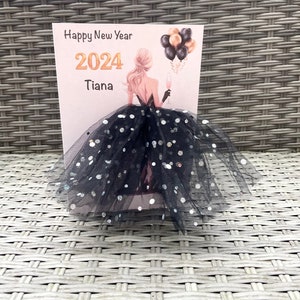 A5 A4 handmade personalised 3D girl in dress happy new year card any occasion card black tutu skirt tulle glitter cute  card