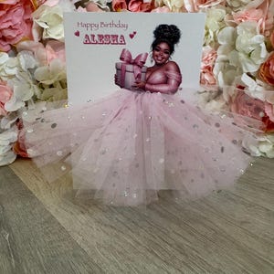 A5 A4 grande carte d'anniversaire personnalisée 3D fille noire en robe toute occasion carte tutu rose bébé jupe tulle pailleté fille ronde
