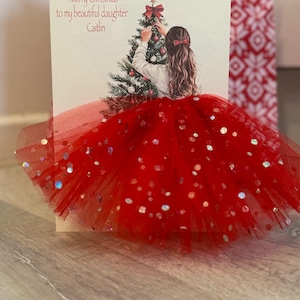A5 A4 carte de Noël personnalisée 3D fille en robe carte unique tutu 3D jupe tulle pailleté robe rouge jolie carte de luxe paillettes sapin de Noël