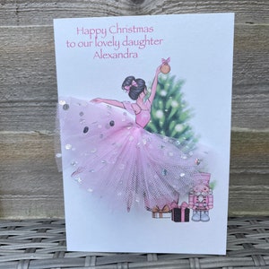 A5 fait à la main personnalisé ballerine fille carte de Noël mignon carte unique arbre de Noël tulle tutu jupe 3d fille petite-fille rose