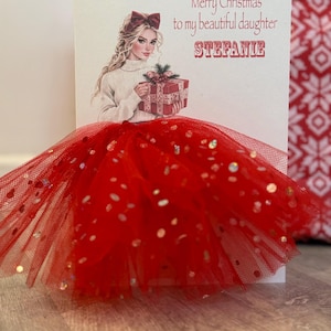 A5 A4 personnalisée carte de Noël fille en robe 3D carte unique tutu 3d jupe tulle pailleté robe rouge jolie carte de luxe paillettes Noël