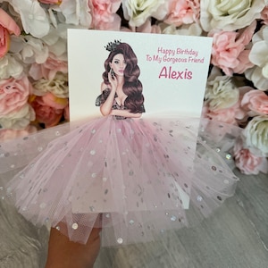 A5 A4 grande carte d'anniversaire personnalisée faite main petite fille en robe toutes les occasions carte tutu jupe tulle pailleté jolie fille en robe rose