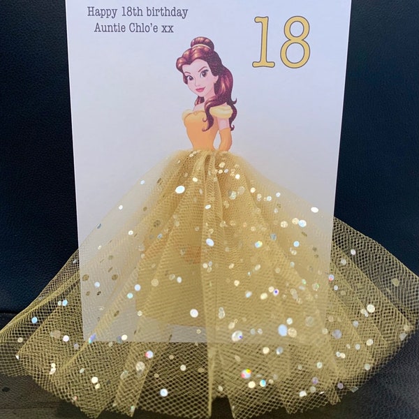 A5 or A4 large personalised belle birthday card any occasion card princess tutu skirt tulle gold glitter unique card get well good luck