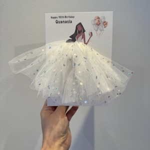 A5 A4 large handmade personalised 3D girl in dress birthday card any occasion card  tutu skirt tulle glitter  card balloons white skirt