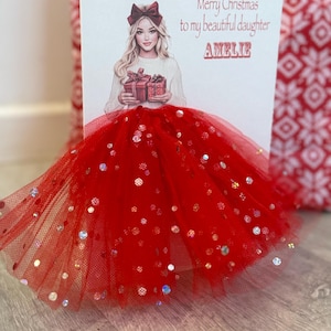 A5 A4 personnalisée carte de Noël fille en robe 3D carte unique tutu 3d jupe tulle pailleté robe rouge jolie carte de luxe paillettes Noël