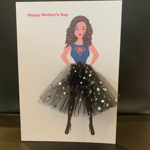 A5 personnalisé super maman superwoman fête des mères carte tutu jupe noir paillettes unique mignon