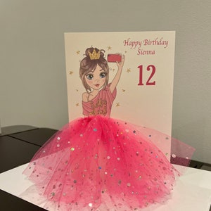 A5 A4 personnalisé 3D selfie reine princesse fille carte d'anniversaire 3d tutu jupe jolie fille jupe rose tulle paillettes toute occasion