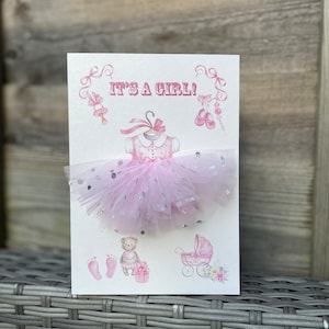 A5 A4 grande carte de voeux personnalisée bébé fille nouveau bébé félicitations jolie carte tutu 3d rose bébé tulle rose tulle pailleté
