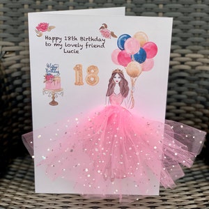 A4 grote gepersonaliseerde 3d verjaardagskaart unieke kaart zus vriend vrouw 18 21 30 40 kaart 3d tutu rok roze tulle glitter ballonnen