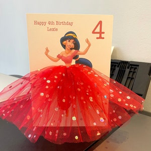 A5 A4 carte d'anniversaire princesse jasmin 3D personnalisée faite main jolie carte unique jupe tutu jupe rouge en tulle
