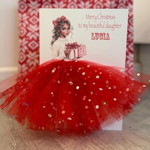A5 A4 personnalisée carte de Noël fille en robe 3D carte unique tutu 3d jupe tulle pailleté robe rouge jolie carte de luxe paillettes Noël