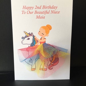 A5 carte d'anniversaire ballerine licorne personnalisée carte de remerciement carte bonne chance jupe tutu 3d tulle petite fille arc-en-ciel paillettes