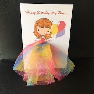 A5 personnalisé petite fille avec ballons carte d’anniversaire carte de remerciement carte bonne chance 3d tutu jupe tulle arc-en-ciel paillettes mignon