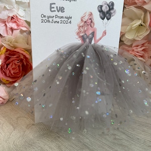 A5 A4 grande carte d'anniversaire personnalisée 3D fille en robe toute occasion carte tutu gris jupe tulle paillettes carte ballons cheveux blonds