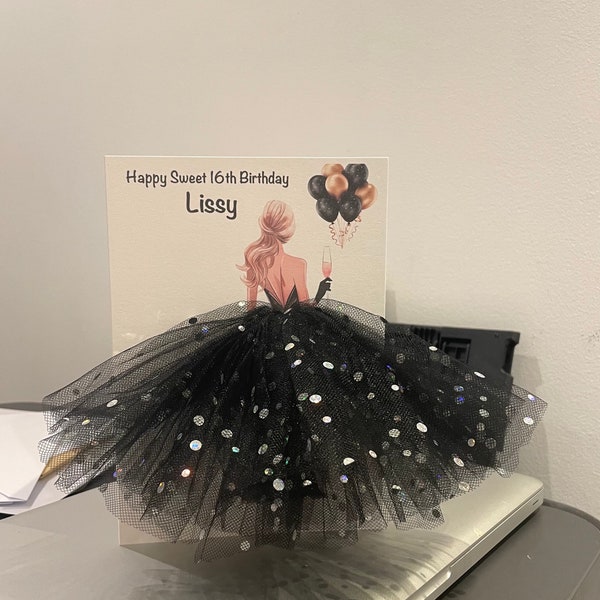 A5 A4 large handmade personalised 3D girl in dress birthday card any occasion card black tutu skirt tulle glitter cute card balloons