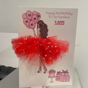 A5 A4 personnalisée fille avec des ballons carte d'anniversaire 3D jupe tutu carte unique mignon tulle rouge ballons soeur amie jupe rouge cheveux bruns