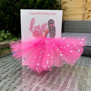 A5 A4 large handmade personalised 3D girl in dress birthday card any occasion card pink tutu skirt tulle glitter cute  card black hair