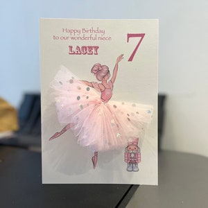 A5 A4 grande ballerine 3d personnalisée faite main carte unique toute occasion tutu jupe bébé tulle rose jolie fille cheveux blonds