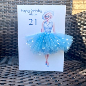 A5 A4 grande carte d'anniversaire personnalisée vintage 3d fille en robe pour toute occasion carte tutu jupe tulle paillettes bleu jupe mode des années 50