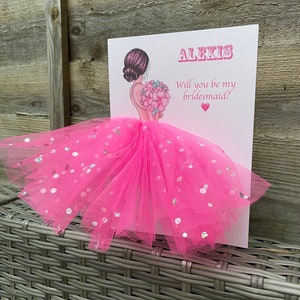 A5 A4 grande carte de demoiselle d'honneur 3D personnalisée faite main toutes les occasions carte tutu rose jupe tulle paillettes joli mariage seras-tu ma demoiselle d'honneur