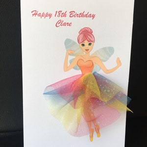 Carte d'anniversaire princesse fée faite main pour toute occasion carte tulle tulle jupe arc-en-ciel paillettes girly mignonne