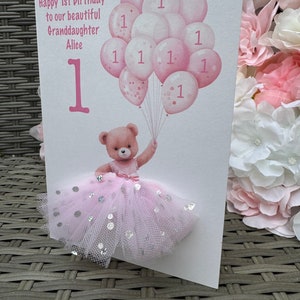 A5 A4 grand 3d personnalisé premier anniversaire nounours en tutu jupe carte d'anniversaire tout âge 1er 2e tutu jupe carte unique bébé rose bébé fille