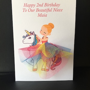 Carte d'anniversaire personnalisée fait main licorne petite fille ballerine princesse tutu 3d jupe arc-en-ciel paillettes jolie fille girly unique