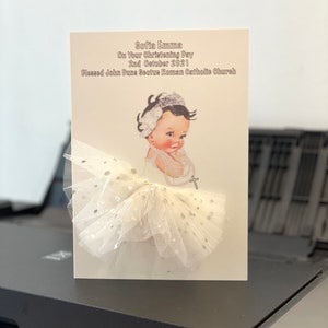 Handmade personalised baby girl christening card 3d tutu skirt cute card unique luxury card dark hair baby
