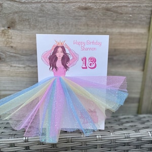 A5 A4 fait à la main personnalisé 3D fille en robe carte d'anniversaire n'importe quelle occasion carte rose tutu jupe tulle paillettes mignon arc-en-ciel