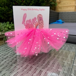 A5 A4 grande carte d'anniversaire 3D personnalisée faite main pour fille en robe toutes les occasions carte tutu rose jupe tulle paillettes jolie carte