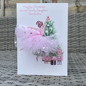 A5 fait main personnalisé ballerine fille carte de Noël jolie carte unique arbre de Noël tulle tutu jupe 3d fille petite-fille rose