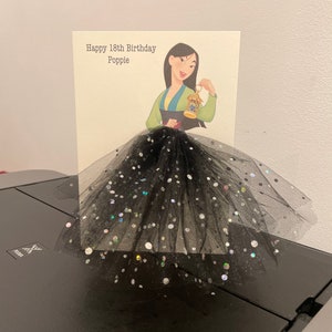 A5 A4 grande carte d'anniversaire personnalisée Mulan carte 3d jupe tutu carte unique girlie mignonne tulle noir toute occasion carte princesse