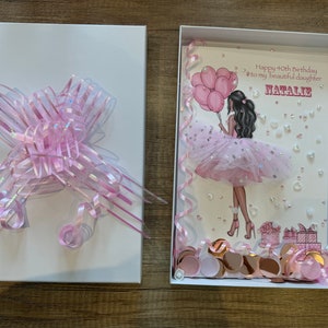 Large A4 handmade personalised 3D girl in dress birthday card any occasion card 3d tutu skirt pink tulle card in box 18 30 21 friend sister