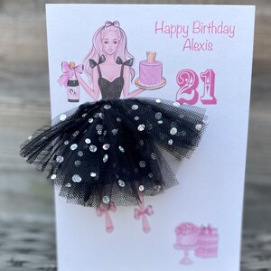 A5 A4 handmade personalised 3D girl in dress birthday card any occasion card black tutu skirt tulle glitter cute unique card any occasion