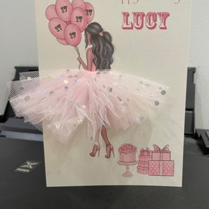 Carte d'anniversaire personnalisée faite main A5 A4 pour fille avec des ballons, toutes les occasions, carte 3D, jupe tutu en tulle, jolie carte unique pour fille