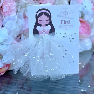 A5 A4 grande carte de première communion personnalisée faite main 3D jupe tutu jolie fille en robe blanche cheveux bruns unique