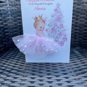 Carte de Noël personnalisée petite fille A5 faite à la main, jupe tutu 3d, petite-fille, soeur, neveu, fille, tutu rose, sapin de Noël mignon
