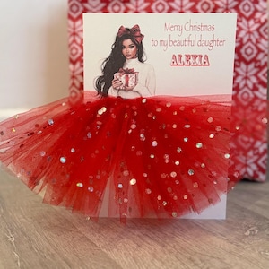 A5 A4 personnalisée carte de Noël fille en robe 3D carte unique tutu 3d jupe tulle pailleté robe rouge jolie carte de luxe paillettes Noël