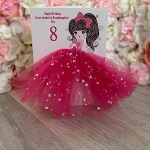 A5 A4 handmade personalised 3D girl in a dress birthday card any occasion card pink tutu skirt tulle brown hair pony tail cute high pony