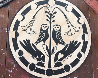 Custom Owl, Datura and Hands PA Dutch Hex Sign Painting