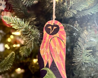Folk spirit Fraktur inspired owl ornament or talisman