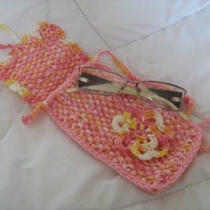 Pink Knit and Crochet Cell Phone Case, Eyeglasses Case, with Neck, Shoulder, or Cross Body Strap. Gift for Her image 3