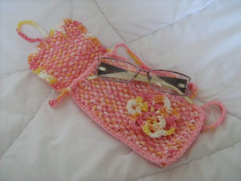Pink Knit and Crochet Cell Phone Case, Eyeglasses Case, with Neck, Shoulder, or Cross Body Strap. Gift for Her image 3